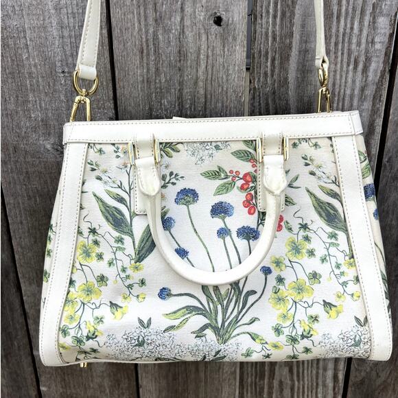 Tory Burch | Robinson Printed Canvas Triangle Tote Watercolor Botanical Print - Picture 4 of 9